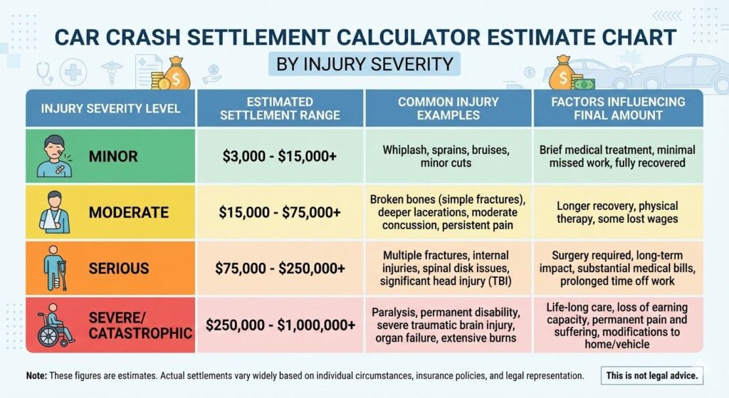 Car crash settlement calculator estimate chart by injury severity