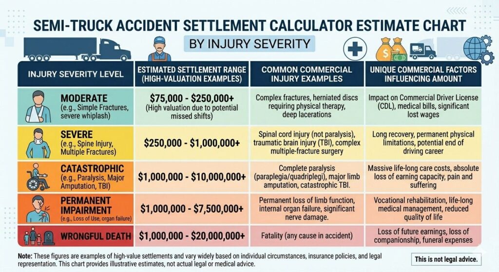 Semi truck accident settlement calculator estimate chart by injury severity